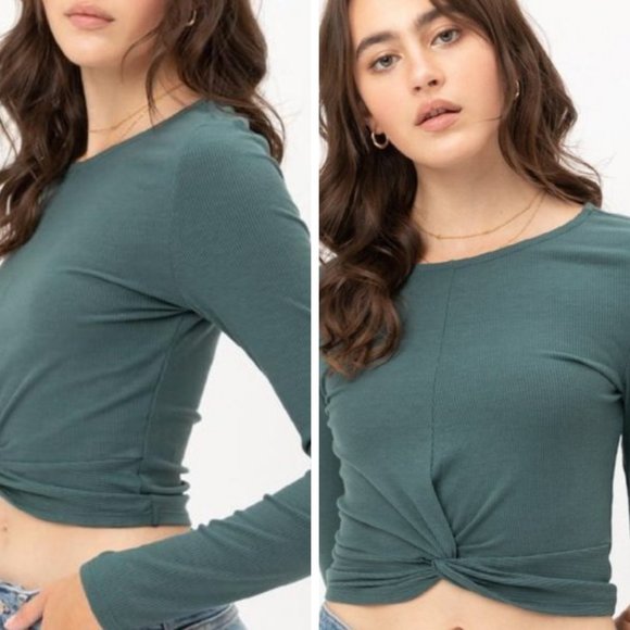 Pink Peplum Boutique Tops - Women's Teal Ribbed Little knot Bottom Crop Tops